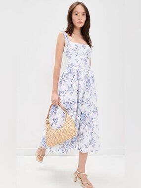 NEW Reformation Janu Midi Linen Dress Lana Floral Blue White | US 6 / UK 10